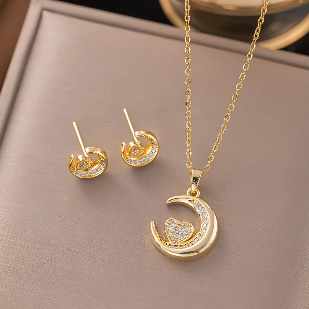 Trendy 18K Gold Plated Zircon Crystal Pendant Stainless Steel Necklace Earring For Women Clavicle Chain Jewelry Lady Accessories