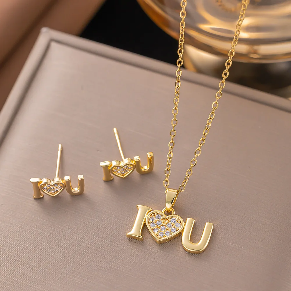 Trendy 18K Gold Plated Zircon Crystal Pendant Stainless Steel Necklace Earring For Women Clavicle Chain Jewelry Lady Accessories