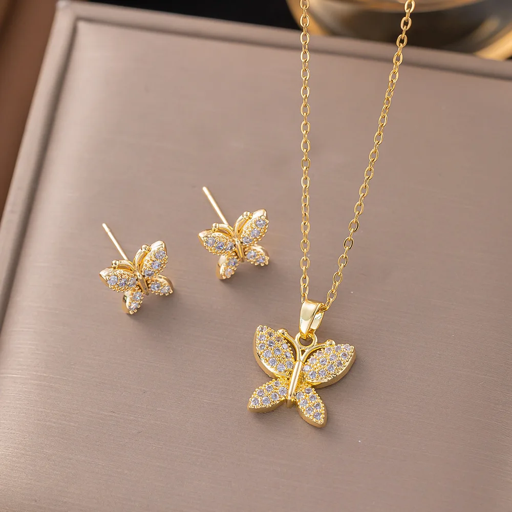 Trendy 18K Gold Plated Zircon Crystal Pendant Stainless Steel Necklace Earring For Women Clavicle Chain Jewelry Lady Accessories