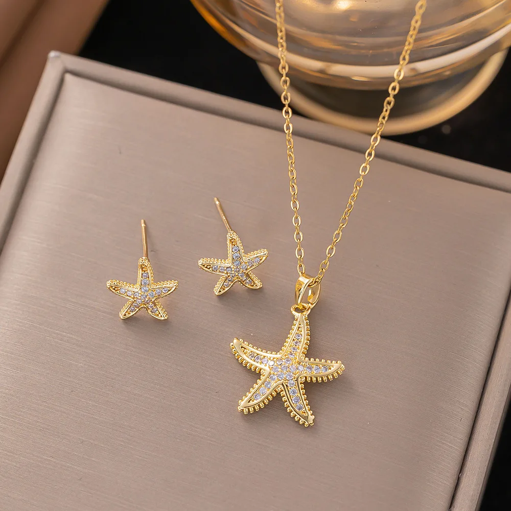 Trendy 18K Gold Plated Zircon Crystal Pendant Stainless Steel Necklace Earring For Women Clavicle Chain Jewelry Lady Accessories