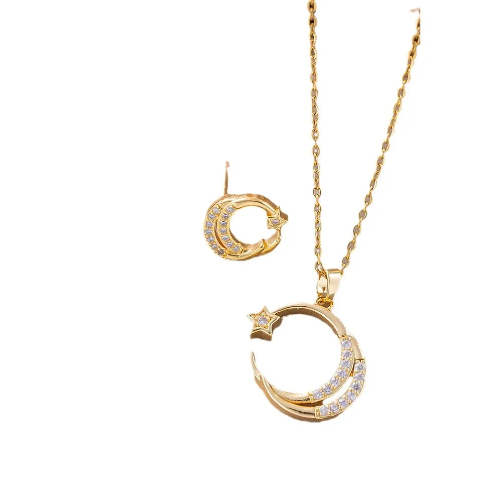 Trendy 18K Gold Plated Zircon Crystal Pendant Stainless Steel Necklace Earring For Women Clavicle Chain Jewelry Lady Accessories