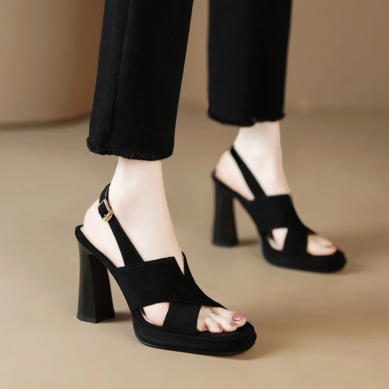 Heels Shoes Women Sandals 40 Sizes Square Toe Thick Heeled Pumps Outside Elegant Back Strap Black Leather Shoes