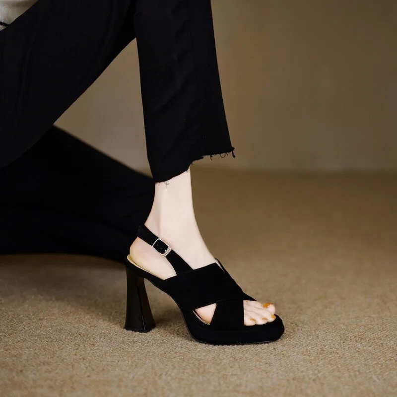 Heels Shoes Women Sandals 40 Sizes Square Toe Thick Heeled Pumps Outside Elegant Back Strap Black Leather Shoes