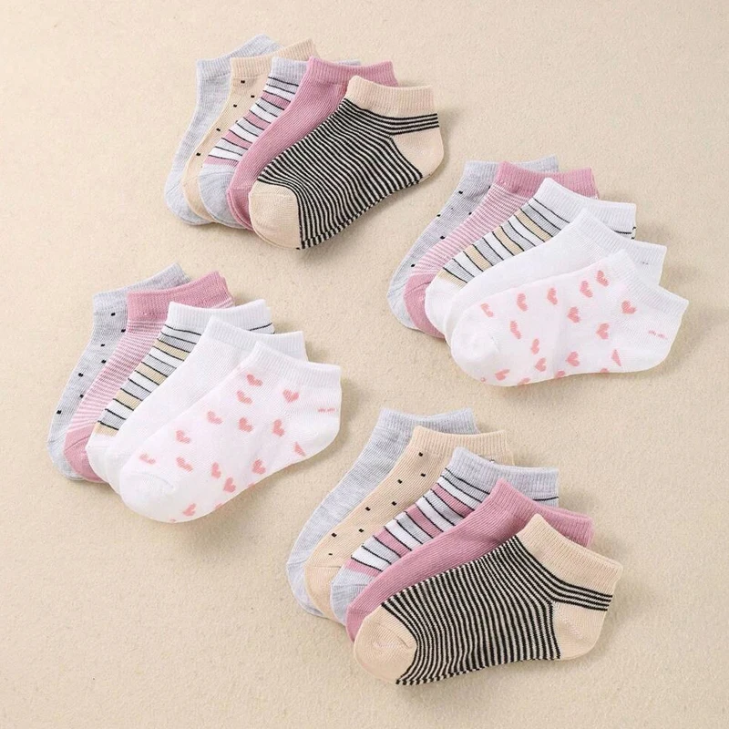 10 Pairs Adorable Girls' Socks, Featuring Heart-Shaped Stripes and Polka Dot Patterns, Children's Ankle Socks