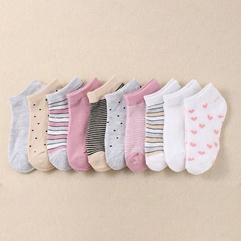 10 Pairs Adorable Girls' Socks, Featuring Heart-Shaped Stripes and Polka Dot Patterns, Children's Ankle Socks
