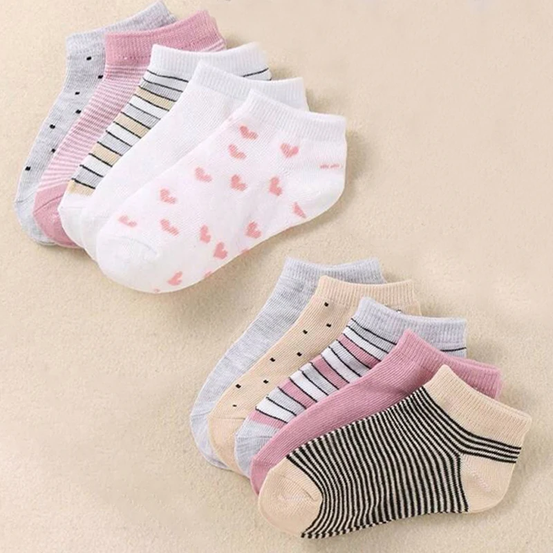 10 Pairs Adorable Girls' Socks, Featuring Heart-Shaped Stripes and Polka Dot Patterns, Children's Ankle Socks