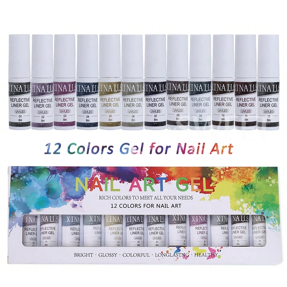 12 Colors Liner Gel Nail Kits for French Stripe Line Graffiti Painting Gel Glitter Nail Gel Polish DIY Design Manicure Varnish