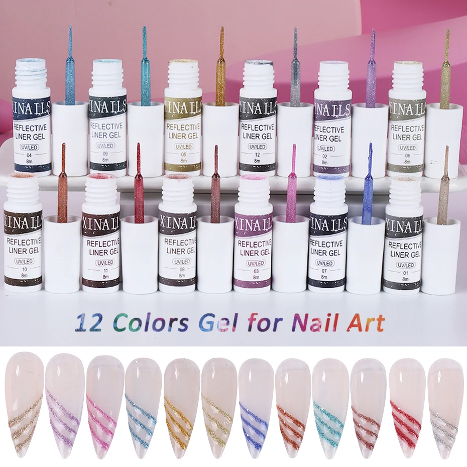 12 Colors Liner Gel Nail Kits for French Stripe Line Graffiti Painting Gel Glitter Nail Gel Polish DIY Design Manicure Varnish