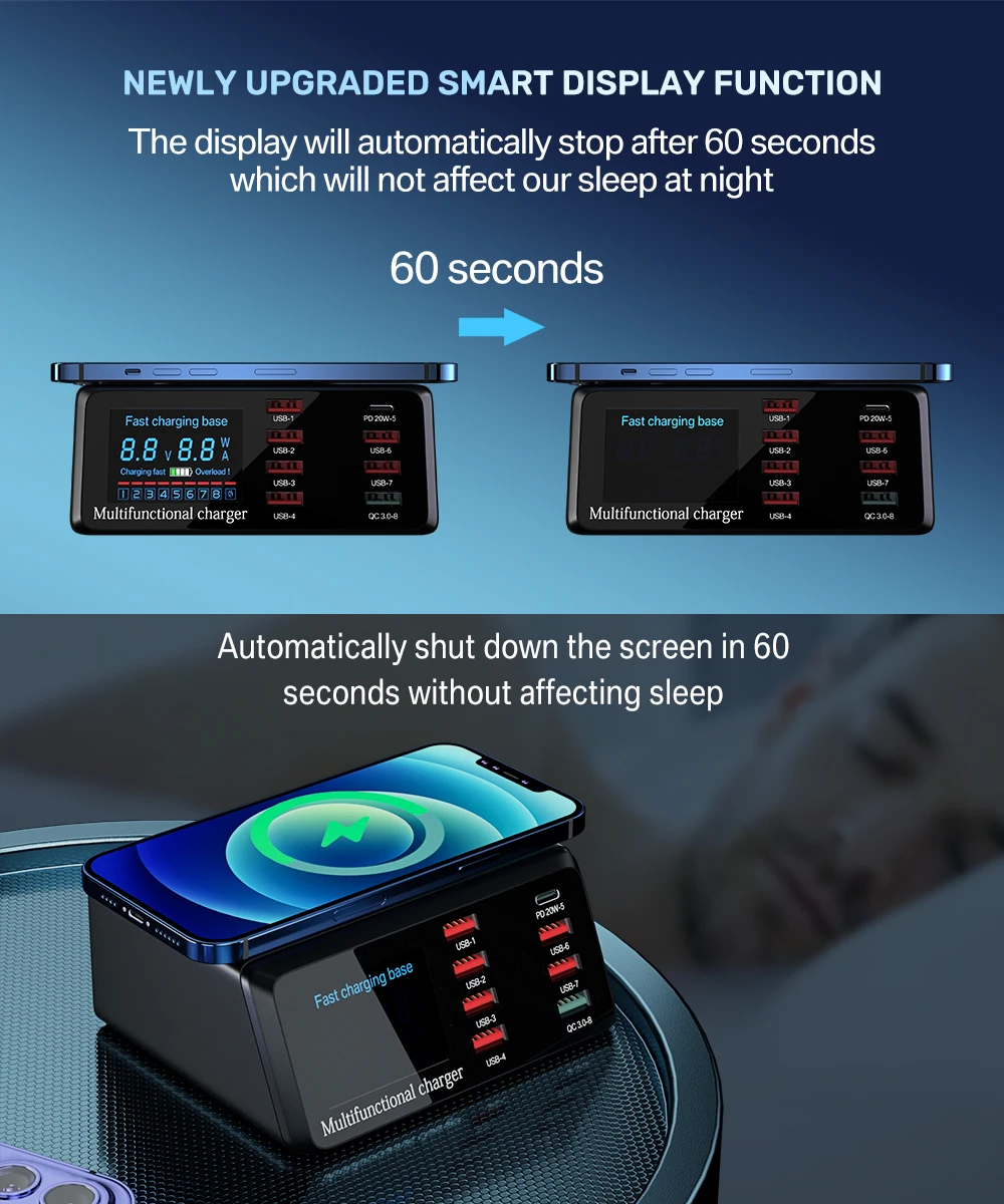 ASOMETECH 100W 8 Ports USB Fast Charger Station With Wireless Charging Digital Display QC3.0 PD3.0 Phone Charger For iPhone 17