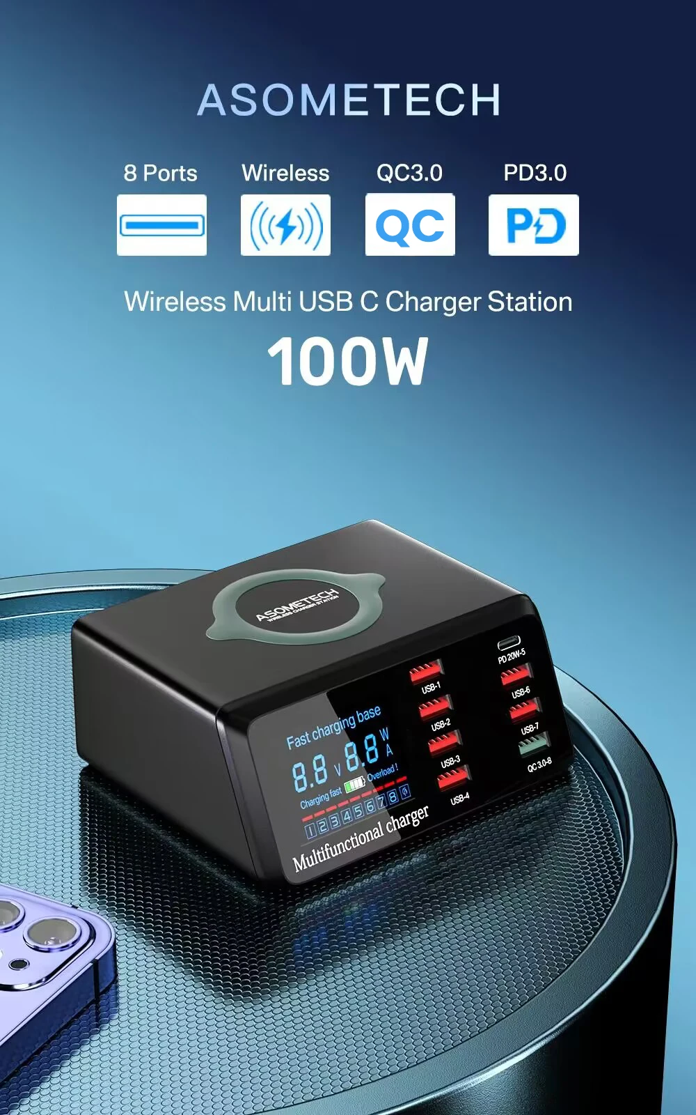 ASOMETECH 100W 8 Ports USB Fast Charger Station With Wireless Charging Digital Display QC3.0 PD3.0 Phone Charger For iPhone 17