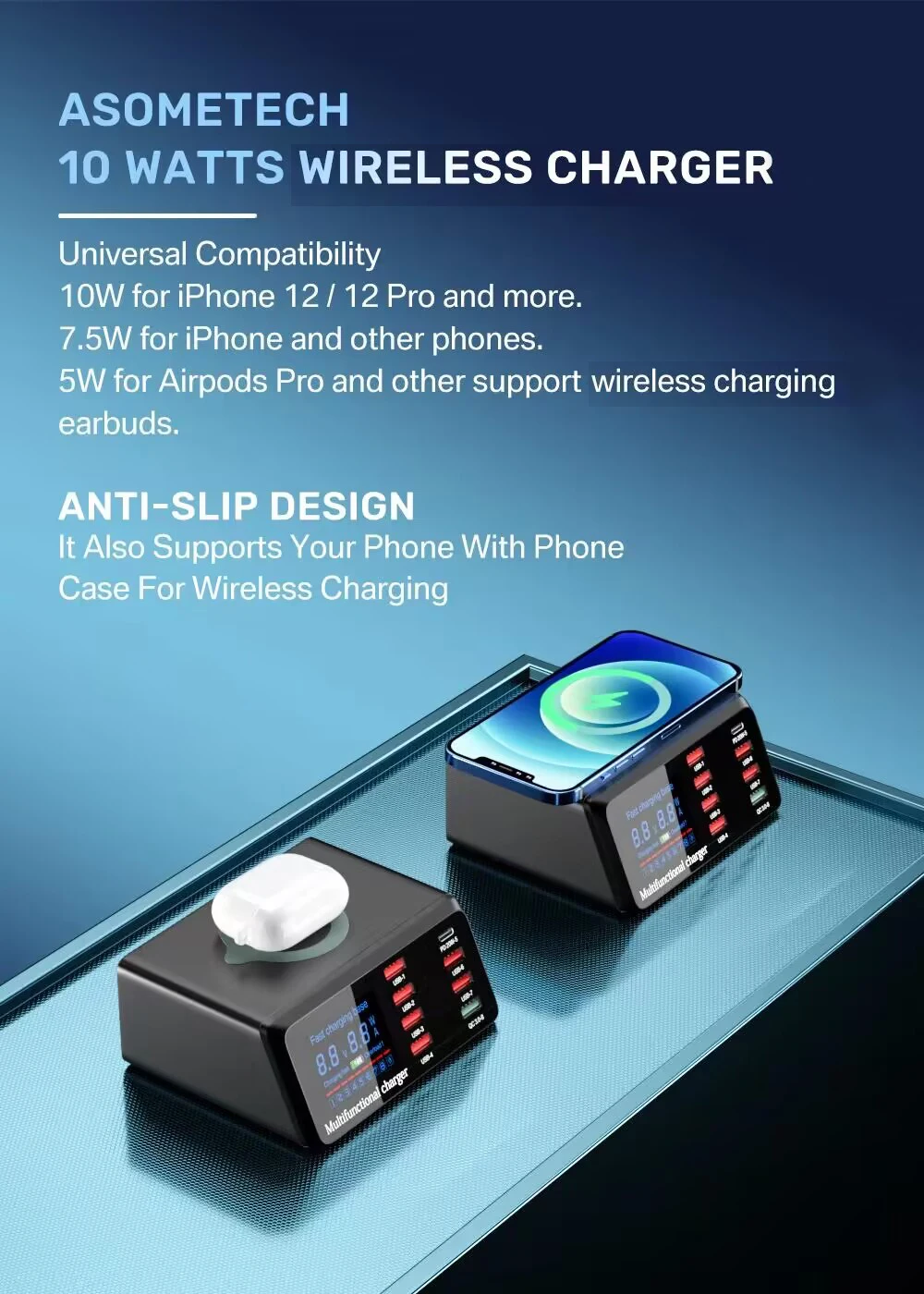 ASOMETECH 100W 8 Ports USB Fast Charger Station With Wireless Charging Digital Display QC3.0 PD3.0 Phone Charger For iPhone 17