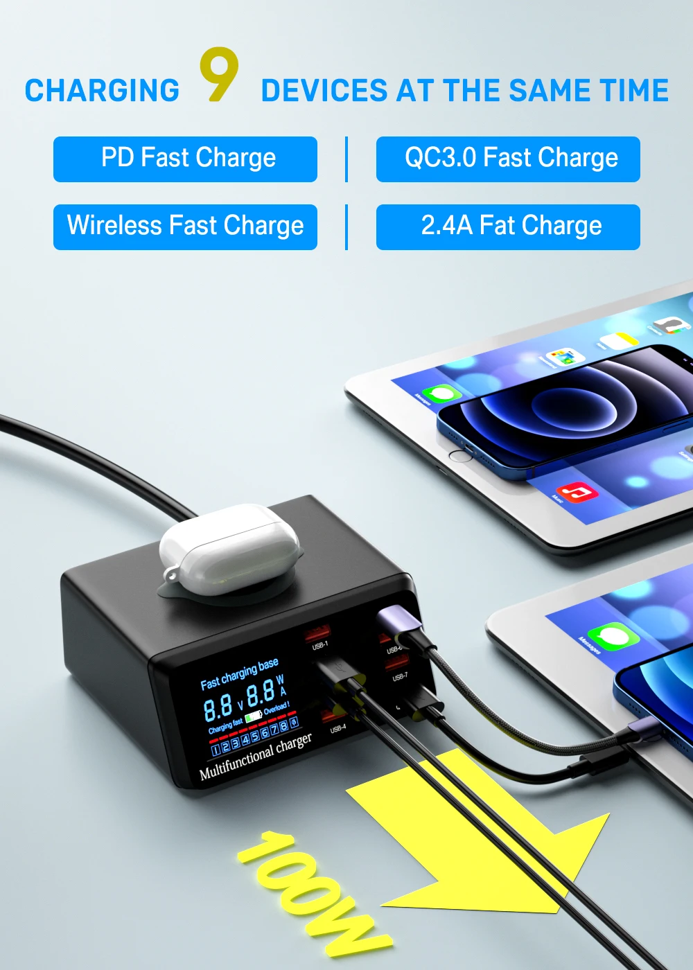 ASOMETECH 100W 8 Ports USB Fast Charger Station With Wireless Charging Digital Display QC3.0 PD3.0 Phone Charger For iPhone 17