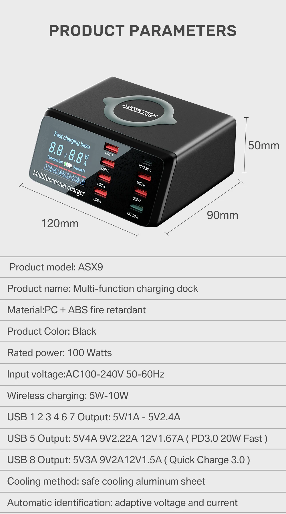 ASOMETECH 100W 8 Ports USB Fast Charger Station With Wireless Charging Digital Display QC3.0 PD3.0 Phone Charger For iPhone 17