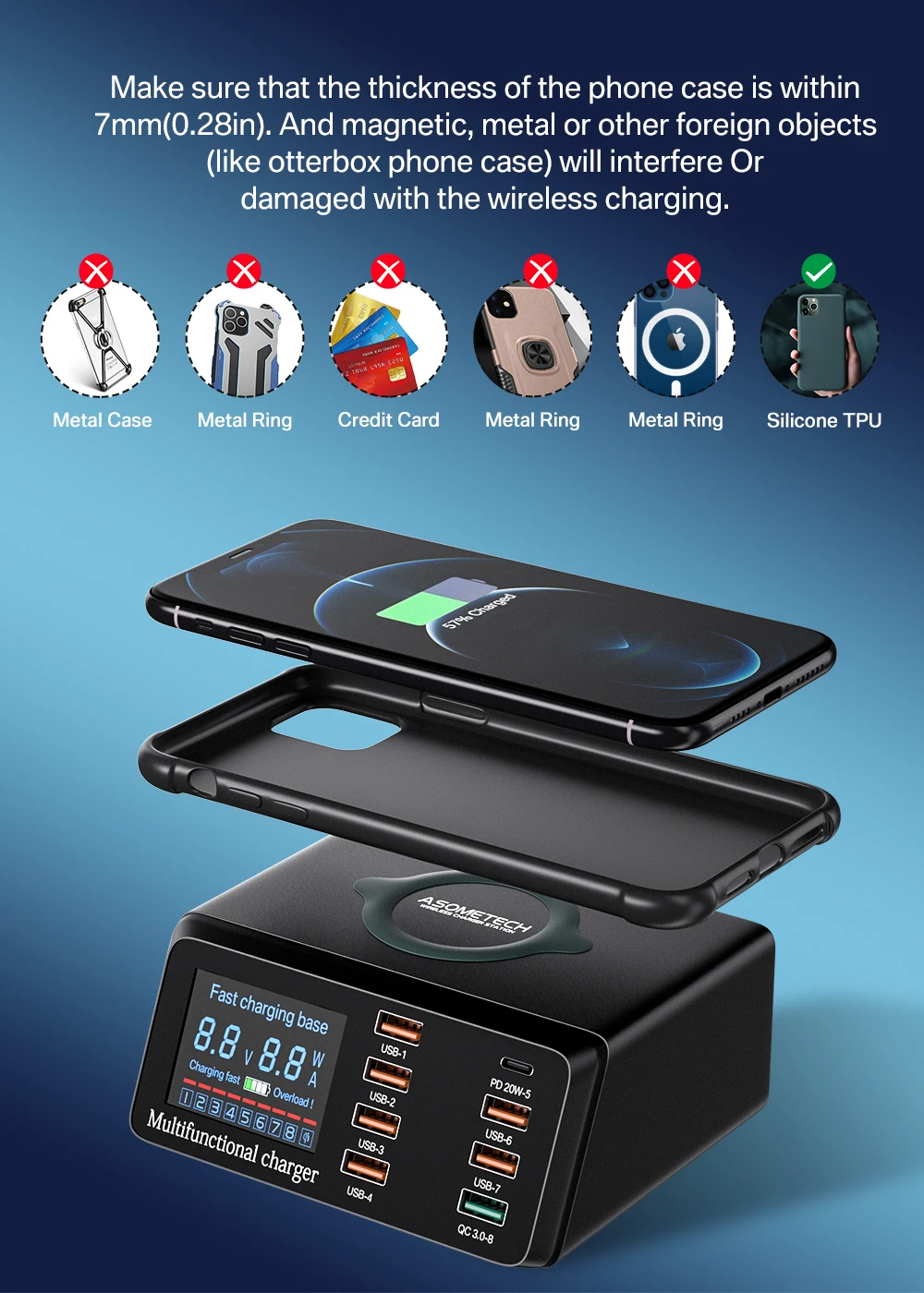 ASOMETECH 100W 8 Ports USB Fast Charger Station With Wireless Charging Digital Display QC3.0 PD3.0 Phone Charger For iPhone 17