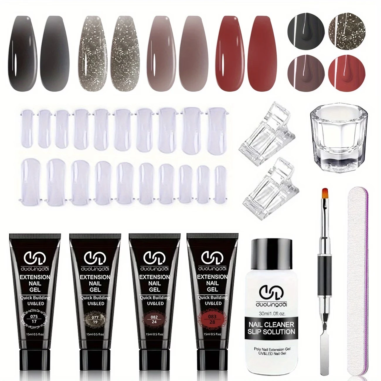 4-Color Poly for Nail Extension Gel in Brown, Black, and Grey - Perfect for Male or Dark for Nail Art. Includes Essential Tools
