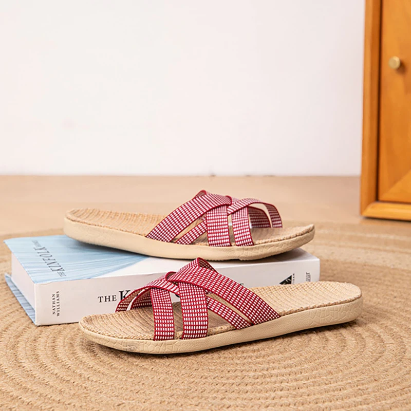 2025 Fluffy Linen Slippers for Women, Summer Indoor Anti-Slip Quiet Breathable Soft Sole Sandals