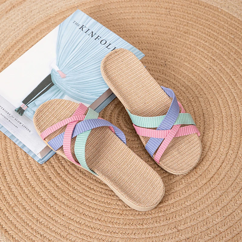 2025 Fluffy Linen Slippers for Women, Summer Indoor Anti-Slip Quiet Breathable Soft Sole Sandals