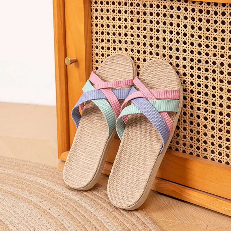 2025 Fluffy Linen Slippers for Women, Summer Indoor Anti-Slip Quiet Breathable Soft Sole Sandals