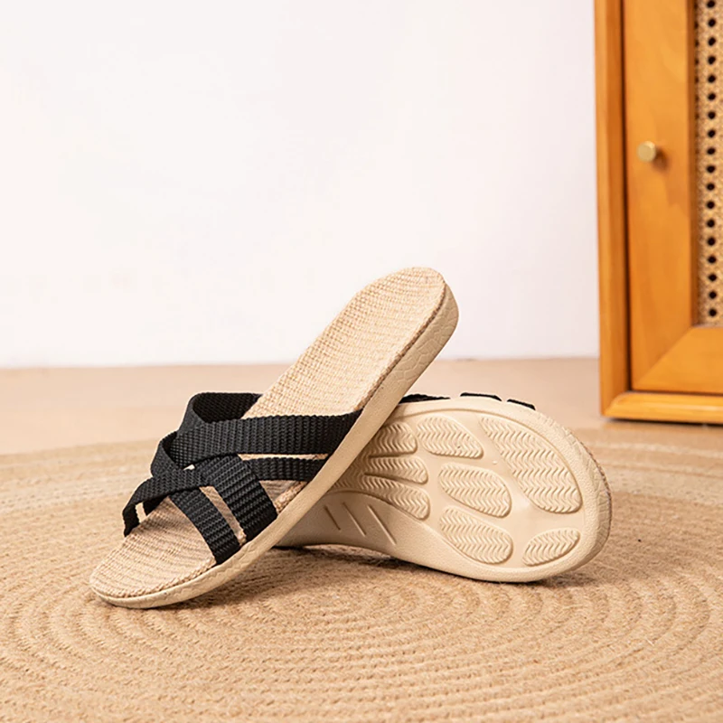 2025 Fluffy Linen Slippers for Women, Summer Indoor Anti-Slip Quiet Breathable Soft Sole Sandals