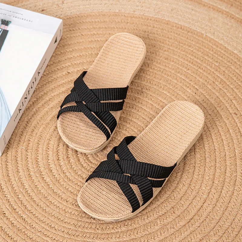 2025 Fluffy Linen Slippers for Women, Summer Indoor Anti-Slip Quiet Breathable Soft Sole Sandals