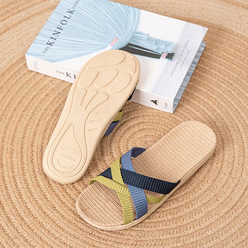 2025 Fluffy Linen Slippers for Women, Summer Indoor Anti-Slip Quiet Breathable Soft Sole Sandals