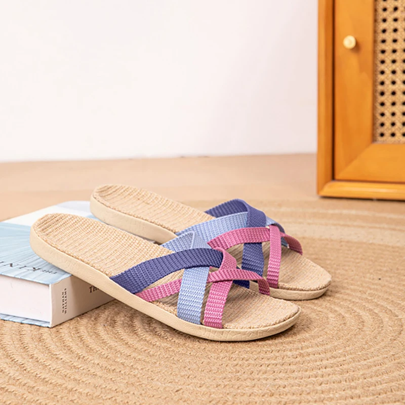 2025 Fluffy Linen Slippers for Women, Summer Indoor Anti-Slip Quiet Breathable Soft Sole Sandals