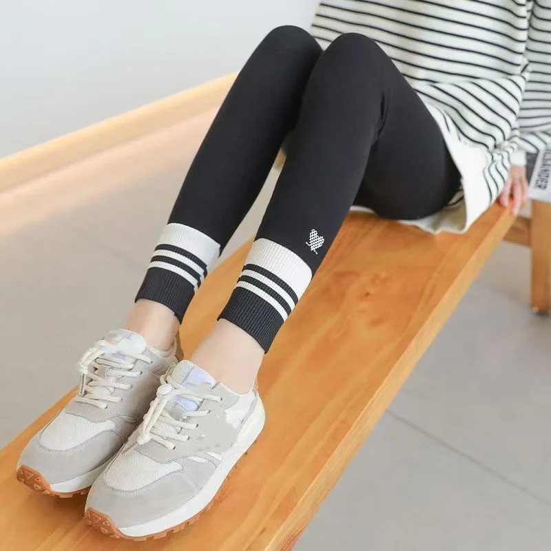 Girls Leggings Spring Autumn Casual Outerwear Pants 3-10Y Heart Pattern Ribbed Cuffs Kids Stretchy Tights Fashion Girls Bottoms
