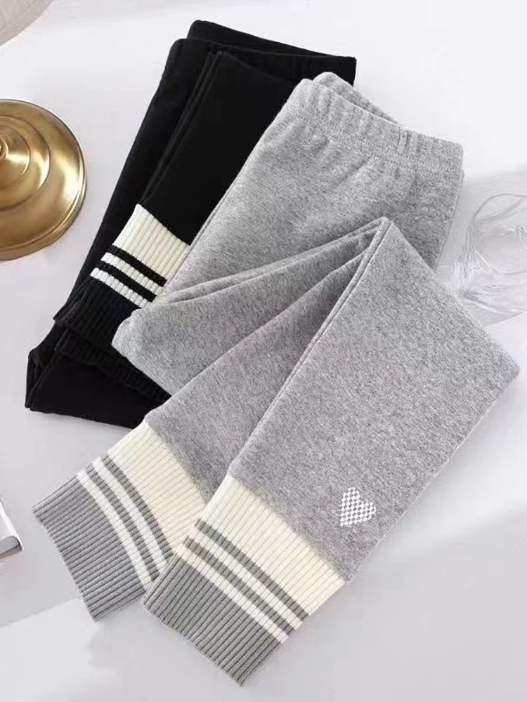 Girls Leggings Spring Autumn Casual Outerwear Pants 3-10Y Heart Pattern Ribbed Cuffs Kids Stretchy Tights Fashion Girls Bottoms