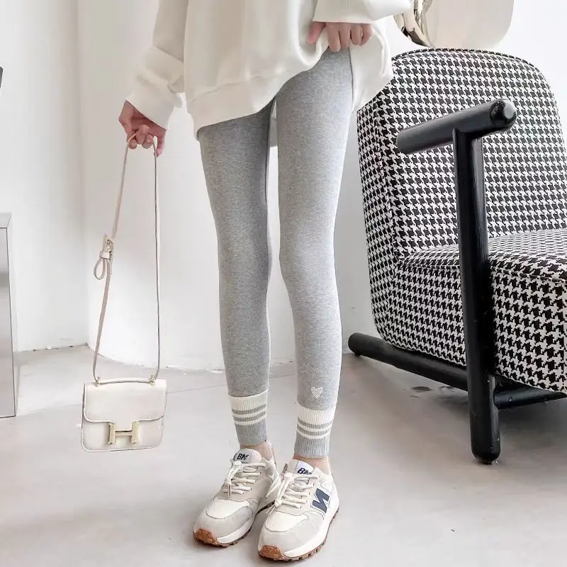 Girls Leggings Spring Autumn Casual Outerwear Pants 3-10Y Heart Pattern Ribbed Cuffs Kids Stretchy Tights Fashion Girls Bottoms