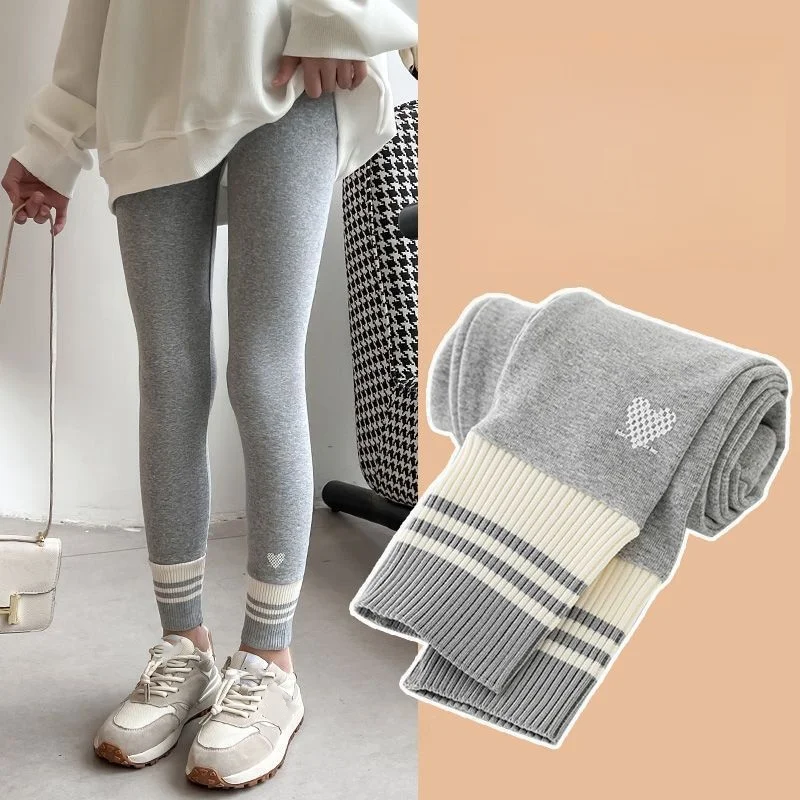 Girls Leggings Spring Autumn Casual Outerwear Pants 3-10Y Heart Pattern Ribbed Cuffs Kids Stretchy Tights Fashion Girls Bottoms