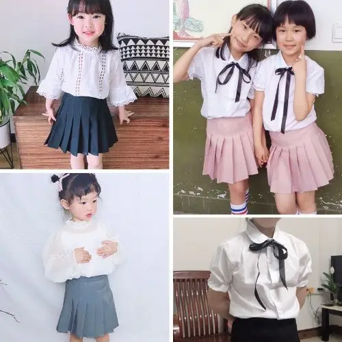 Preppy Girls' Pleated Skirt Set - White & Black Skort for School, Casual Summer Outfit for Kids 5-12 Years
