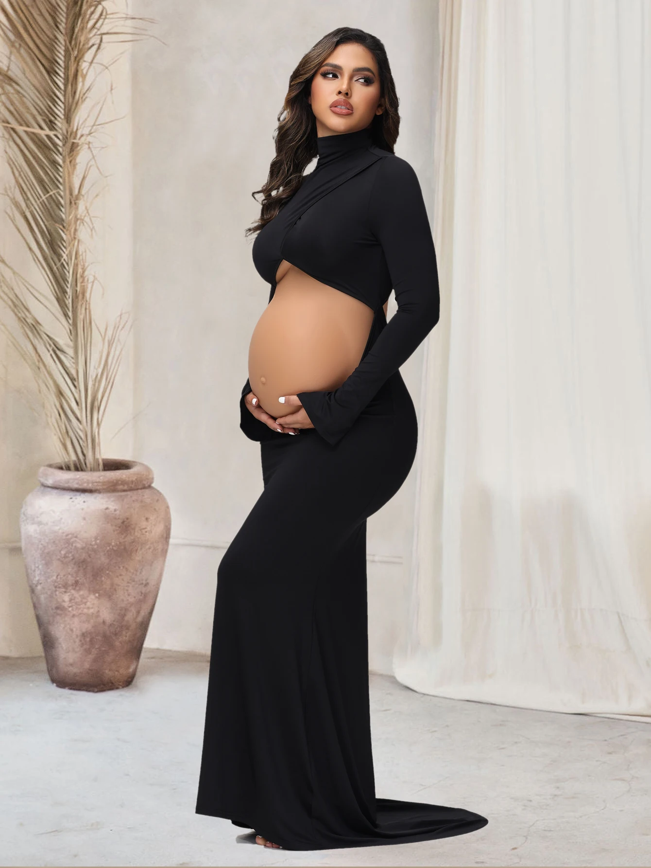 Pregnancy Dress Photography Props Maxi Gown Turtleneck Full Sleeve Cut Out Belly Bodycon Maternity PhotoShoot For Baby Shower