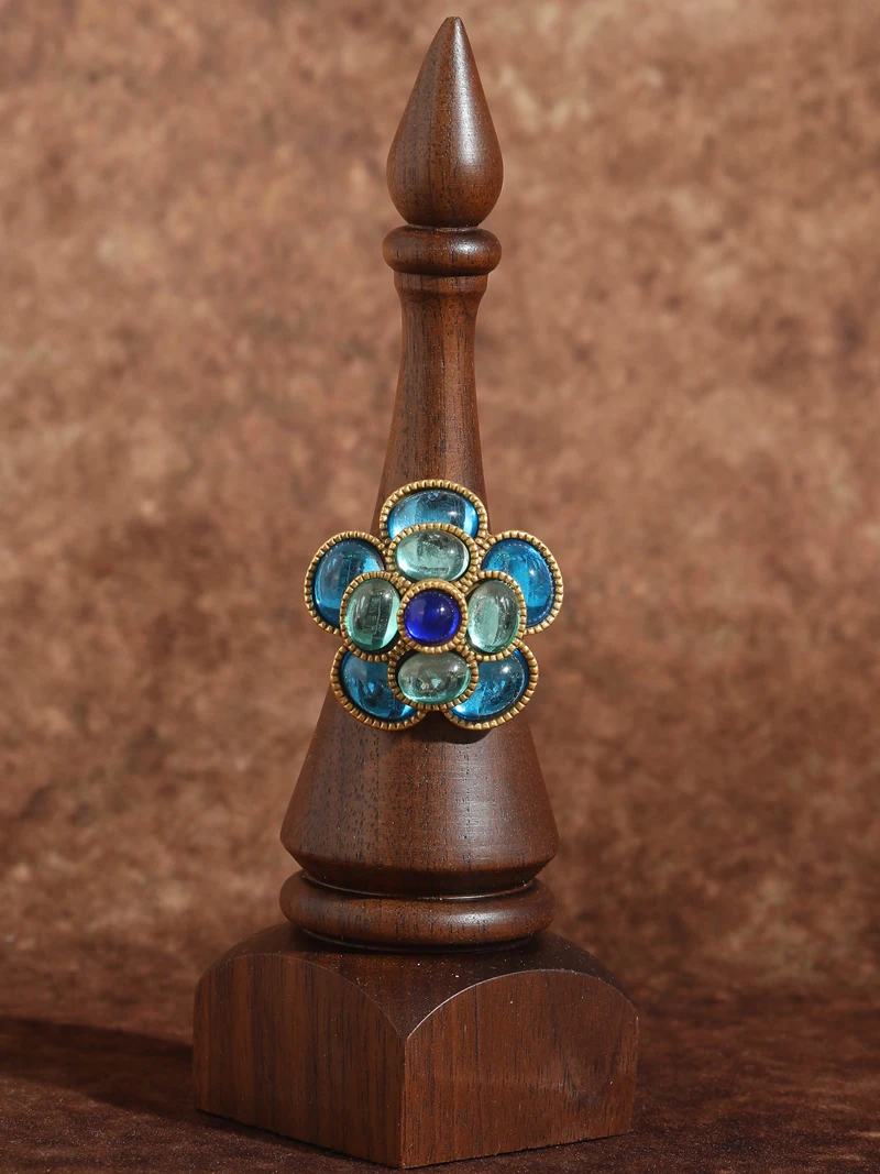 Vintage Crystal Rings Natural Stone Blue Camellia Flower Antique Gold Color Valentine Day Gift For Girlfriend New In 2025 Trendy
