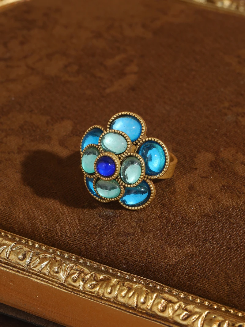 Vintage Crystal Rings Natural Stone Blue Camellia Flower Antique Gold Color Valentine Day Gift For Girlfriend New In 2025 Trendy