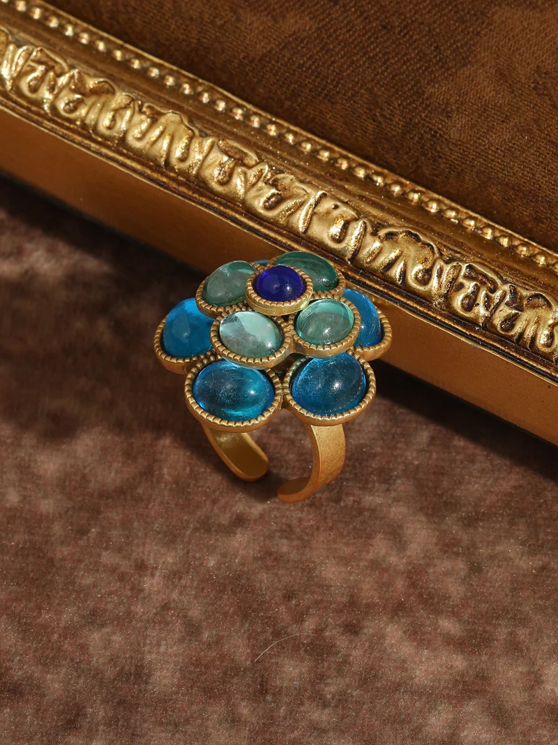 Vintage Crystal Rings Natural Stone Blue Camellia Flower Antique Gold Color Valentine Day Gift For Girlfriend New In 2025 Trendy