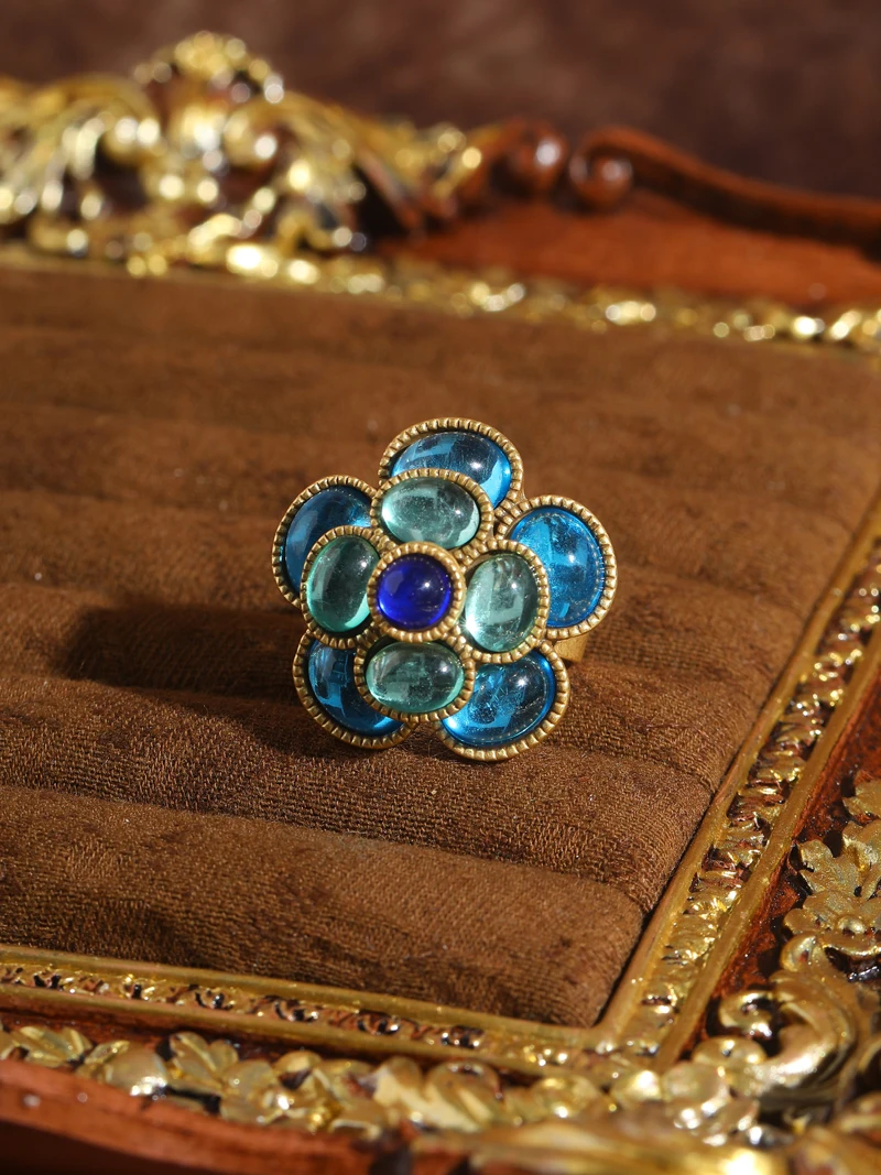 Vintage Crystal Rings Natural Stone Blue Camellia Flower Antique Gold Color Valentine Day Gift For Girlfriend New In 2025 Trendy