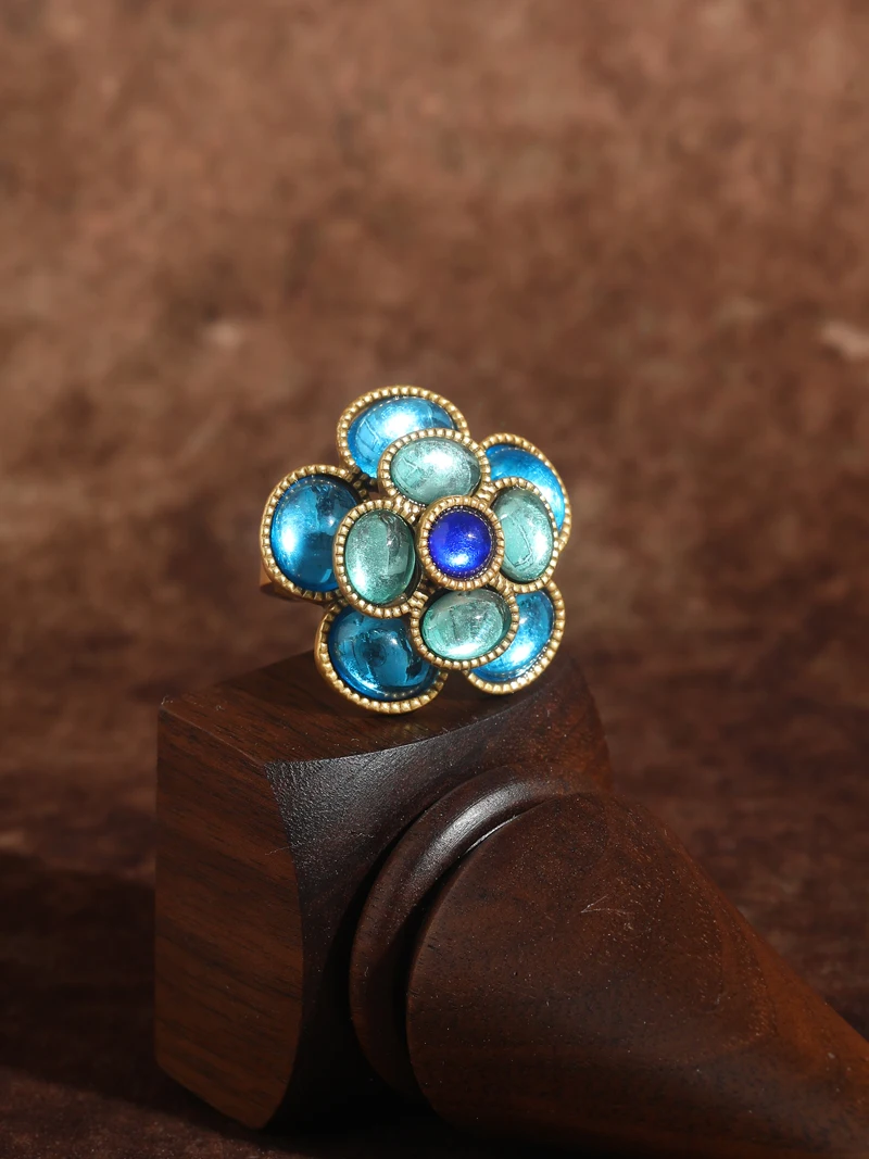 Vintage Crystal Rings Natural Stone Blue Camellia Flower Antique Gold Color Valentine Day Gift For Girlfriend New In 2025 Trendy