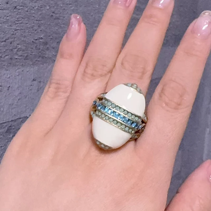 Vintage White Enamel Opal Ring Real For Woman Sea Blue Square Crystal Drop Oil Summer Jewelry Oval Valentine Day Accessories