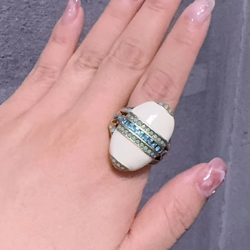 Vintage White Enamel Opal Ring Real For Woman Sea Blue Square Crystal Drop Oil Summer Jewelry Oval Valentine Day Accessories