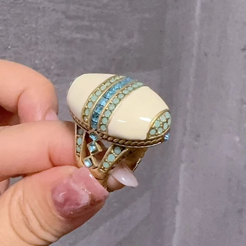 Vintage White Enamel Opal Ring Real For Woman Sea Blue Square Crystal Drop Oil Summer Jewelry Oval Valentine Day Accessories