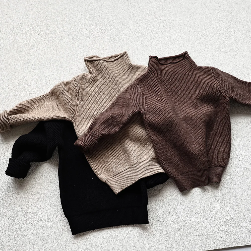 2026 Autumn Winter Comfort Kids Turtleneck Pullover Sweaters Solid Boys Girls Matching Knit Tops Toddler Warm Knitwear Sweaters