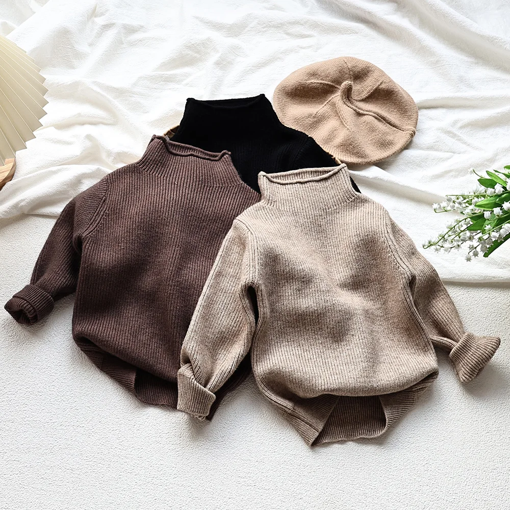 2026 Autumn Winter Comfort Kids Turtleneck Pullover Sweaters Solid Boys Girls Matching Knit Tops Toddler Warm Knitwear Sweaters