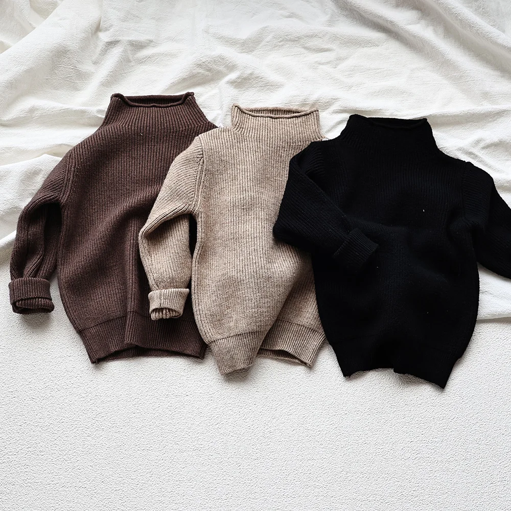 2026 Autumn Winter Comfort Kids Turtleneck Pullover Sweaters Solid Boys Girls Matching Knit Tops Toddler Warm Knitwear Sweaters