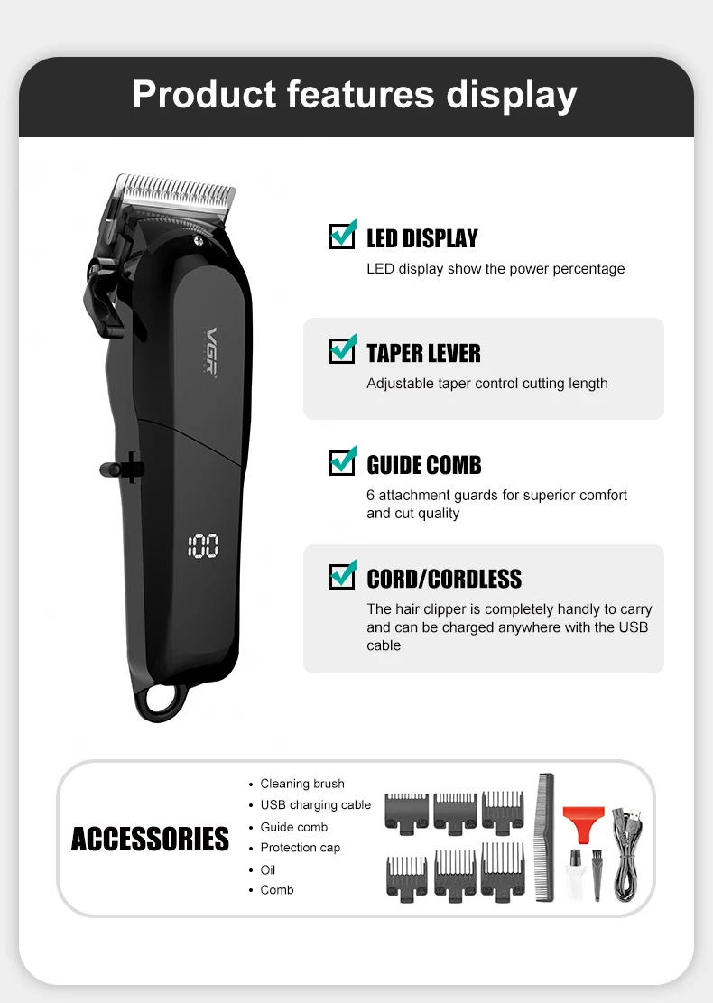 VGR Hair Clipper Hairdressing Salon Professional USB charging Hair Clipper Men's Electric Haircut Rechargeable Hair Clippe V-118