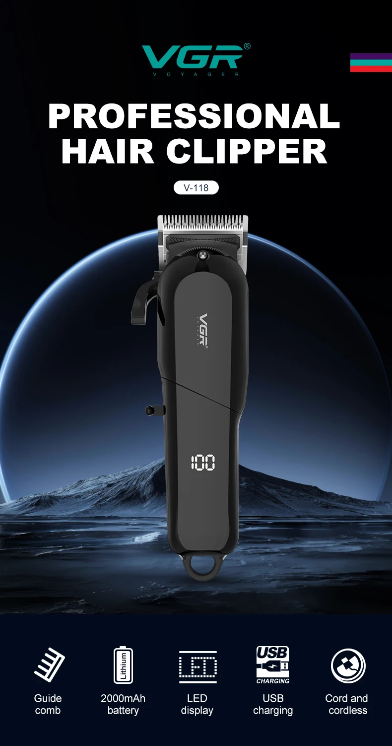 VGR Hair Clipper Hairdressing Salon Professional USB charging Hair Clipper Men's Electric Haircut Rechargeable Hair Clippe V-118