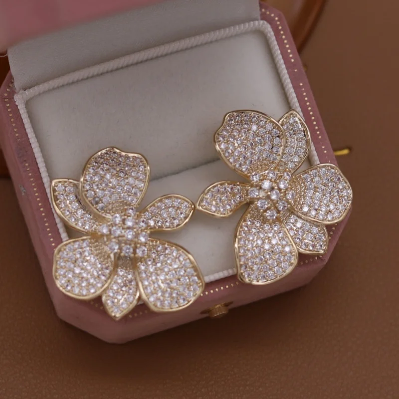 French new design fashion jewelry 14K gold plated luxury zircon exaggerated flower earrings elegant women's party accessories