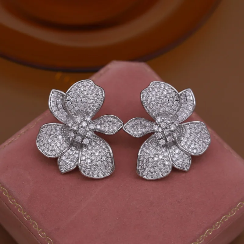 French new design fashion jewelry 14K gold plated luxury zircon exaggerated flower earrings elegant women's party accessories