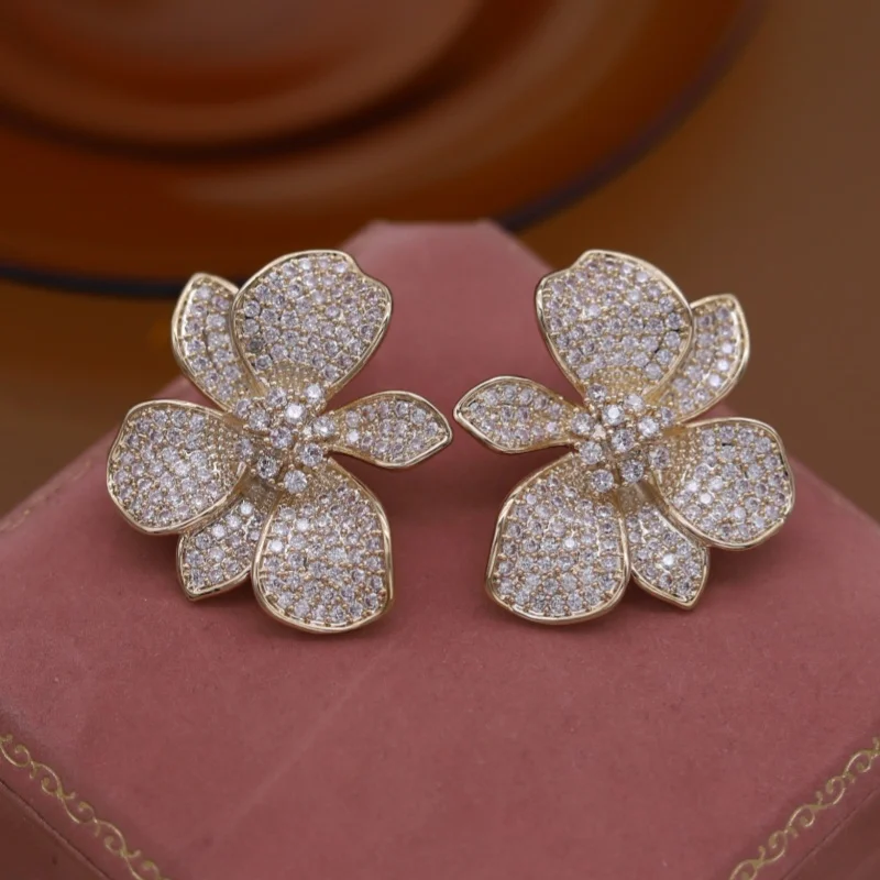 French new design fashion jewelry 14K gold plated luxury zircon exaggerated flower earrings elegant women's party accessories