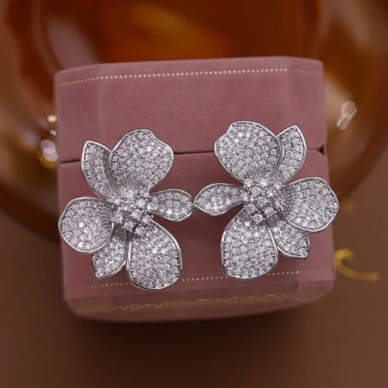 French new design fashion jewelry 14K gold plated luxury zircon exaggerated flower earrings elegant women's party accessories