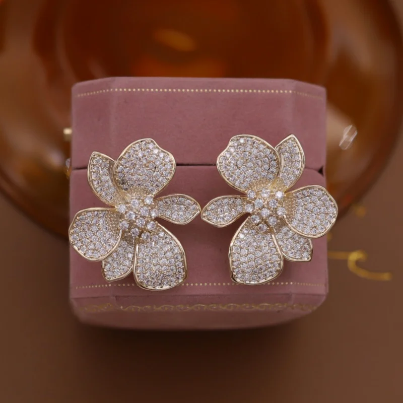 French new design fashion jewelry 14K gold plated luxury zircon exaggerated flower earrings elegant women's party accessories